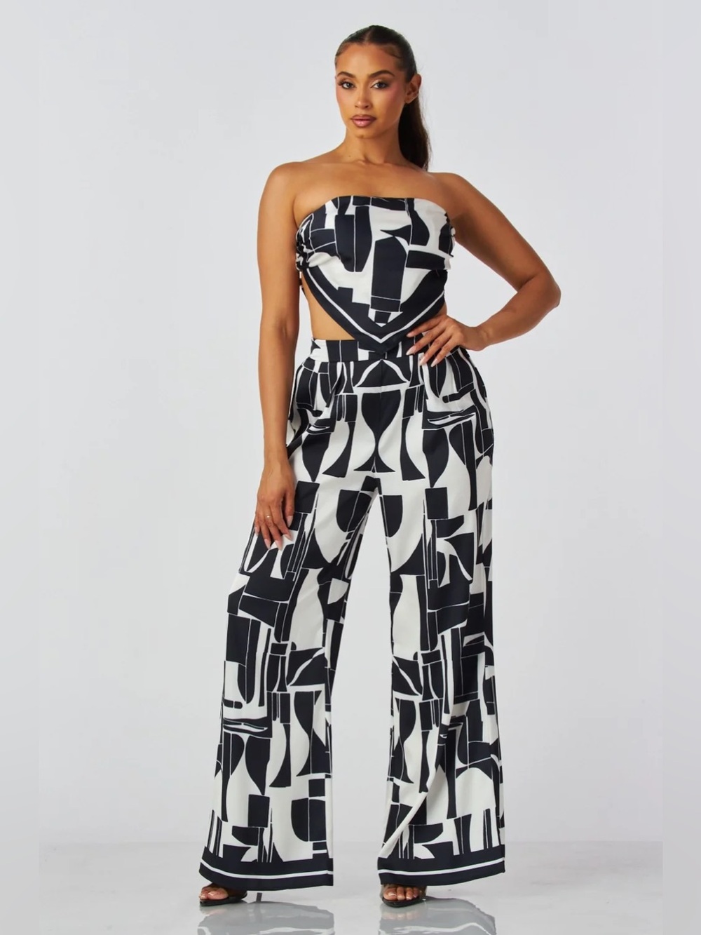 NWT Miss Avenue 2-Piece Black & White Geometric Scarf Top and Wide-Leg Pant Set